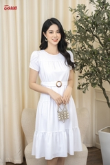 42054W53 - Đầm thô lụa trắng cổ tròn tay bồng, xếp 2 tầng nhún......