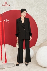 84996B94 - Áo Blazer tuýp si đen, dáng suông tay phối lông