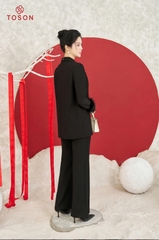 84996B94 - Áo Blazer tuýp si đen, dáng suông tay phối lông