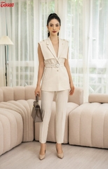 B8278E53 - Bộ Vest be kem Tuýp si: Áo vest sát nách thắt đai + Quần ôm