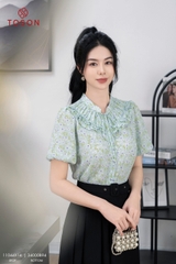 11044X14 - Áo lụa hoa xanh, cổ tàu xếp bèo