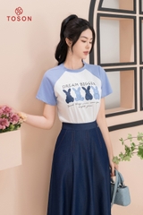 AP125X24 - Áo phông trắng phối xanh in hình con thỏ