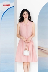 44066P94 - Đầm linen hồng sát nách, dáng xòe nhún cắt chéo.