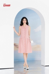 44066P94 - Đầm linen hồng sát nách, dáng xòe nhún cắt chéo.