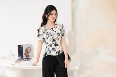 16053H14 - Áo peplump lụa hoa,cổ nơ đính hoa