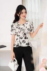 16053H14 - Áo peplump lụa hoa,cổ nơ đính hoa