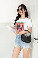 AP512W24 - Áo cotton trắng in hình mèo