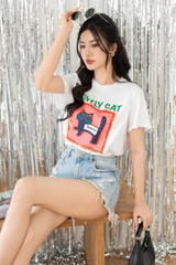 AP512W24 - Áo cotton trắng in hình mèo
