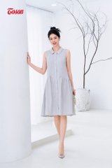 44066E94 - Đầm linen ghi kem sát nách, dáng xòe nhún cắt chéo.