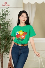 AP537X24 - Áo cotton xanh lá in hình bông hoa sắc màu