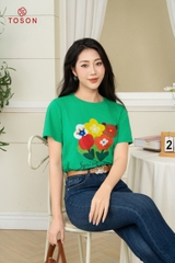 AP537X24 - Áo cotton xanh lá in hình bông hoa sắc màu