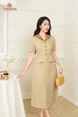 B1301N14 - Bộ kẻ be nâu: áo peplump cổ trắng + Chân váy A (limitted)