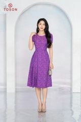 44179T94 - Đầm lụa tím in hoa, dáng A xếp ly