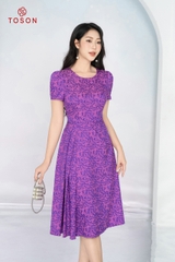 44179T94 - Đầm lụa tím in hoa, dáng A xếp ly