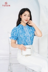 11062X14 - Áo lụa silk xanh tay zắc lăng cổ xếp bèo