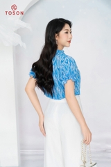 11062X14 - Áo lụa silk xanh tay zắc lăng cổ xếp bèo