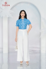 11062X14 - Áo lụa silk xanh tay zắc lăng cổ xếp bèo