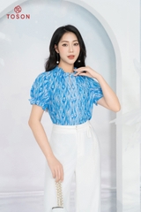 11062X14 - Áo lụa silk xanh tay zắc lăng cổ xếp bèo