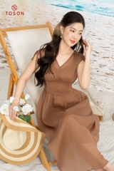 48066N14 - Đầm tơ nâu dáng xòe, vai rút nhún