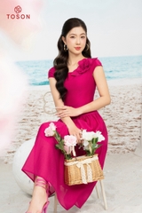 48080P94 - Đầm xòe tơ hồng sen, cổ lệch đính bông hoa