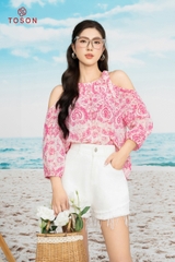14041P94 - Áo chiffon hồng họa tiết hở vai