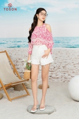 14041P94 - Áo chiffon hồng họa tiết hở vai