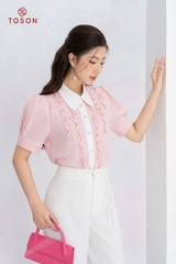 12067P14 - Áo thô đũi kẻ hồng nhún bèo, cổ phối trắng kem
