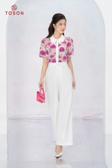 12070H14 - Áo lụa silk họa tiết cổ thắt nơ phối trắng