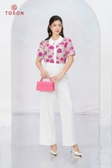 12070H14 - Áo lụa silk họa tiết cổ thắt nơ phối trắng