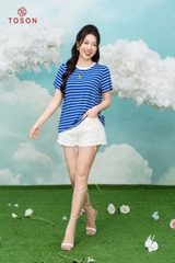 AP129X24 - Áo cotton kẻ xanh thêu hình mặt cười