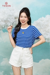 AP129X24 - Áo cotton kẻ xanh thêu hình mặt cười