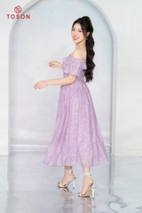 48077T94 - Đầm xòe trễ vai, tơ tím hoa nhí