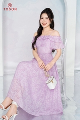 48077T94 - Đầm xòe trễ vai, tơ tím hoa nhí
