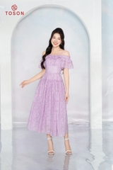 48077T94 - Đầm xòe trễ vai, tơ tím hoa nhí