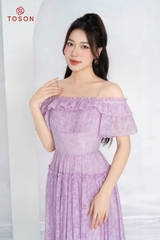 48077T94 - Đầm xòe trễ vai, tơ tím hoa nhí