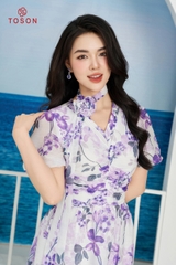 48068T14 - Đầm xòe tơ hoa tím, nơ vai cuốn hoa