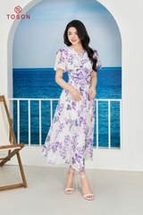 48068T14 - Đầm xòe tơ hoa tím, nơ vai cuốn hoa