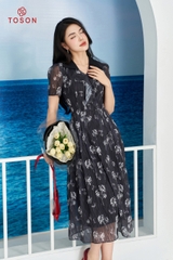 40063B14 - Đầm xếp ly phối cổ - tơ hoa đen trắng