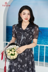 40063B14 - Đầm xếp ly phối cổ - tơ hoa đen trắng
