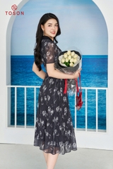 40063B14 - Đầm xếp ly phối cổ - tơ hoa đen trắng
