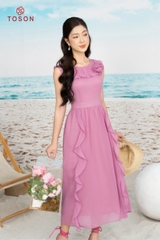 42065P14 - Đầm xòe chiffon hồng sát nách,cổ đính hoa