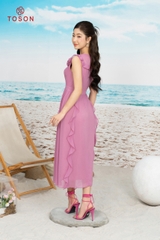 42065P14 - Đầm xòe chiffon hồng sát nách,cổ đính hoa