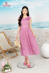 42065P14 - Đầm xòe chiffon hồng sát nách,cổ đính hoa