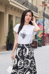 AP208W24 - Áo cotton trắng tay dơi, in hoa hồng