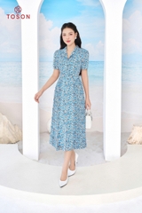 44025H94 - Đầm thô lụa hoa xanh, cổ đức xếp ly 2 bên