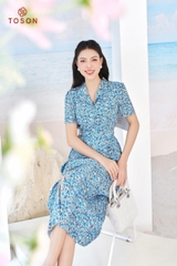 44025H94 - Đầm thô lụa hoa xanh, cổ đức xếp ly 2 bên