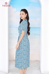 44025H94 - Đầm thô lụa hoa xanh, cổ đức xếp ly 2 bên