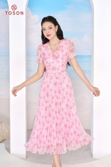 40049P14 - Đầm tơ hồng dập ly xòe