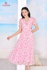 40049P14 - Đầm tơ hồng dập ly xòe