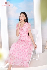40049P14 - Đầm tơ hồng dập ly xòe